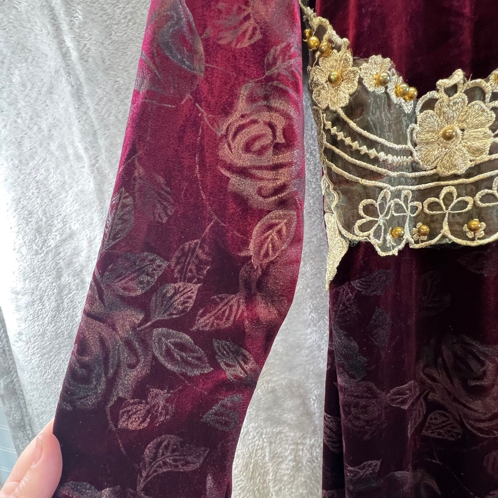Catalina M/L Burgundy Velvet Floral Burnout Maxi Whimsi Fairygoth Romance - Picture 4 of 9